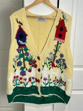 Vtg Belle Pointe Knit Yellow Sweater Vest Birdhouses Flowers 90’s Grandmacore2X?